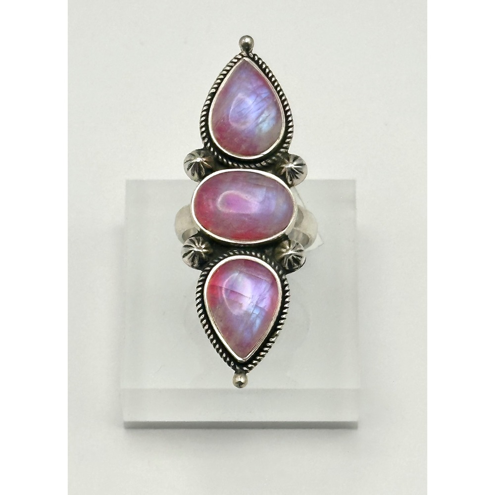 Pink Moonstone Southwestern Statement Sterling Silver Ring Size 8